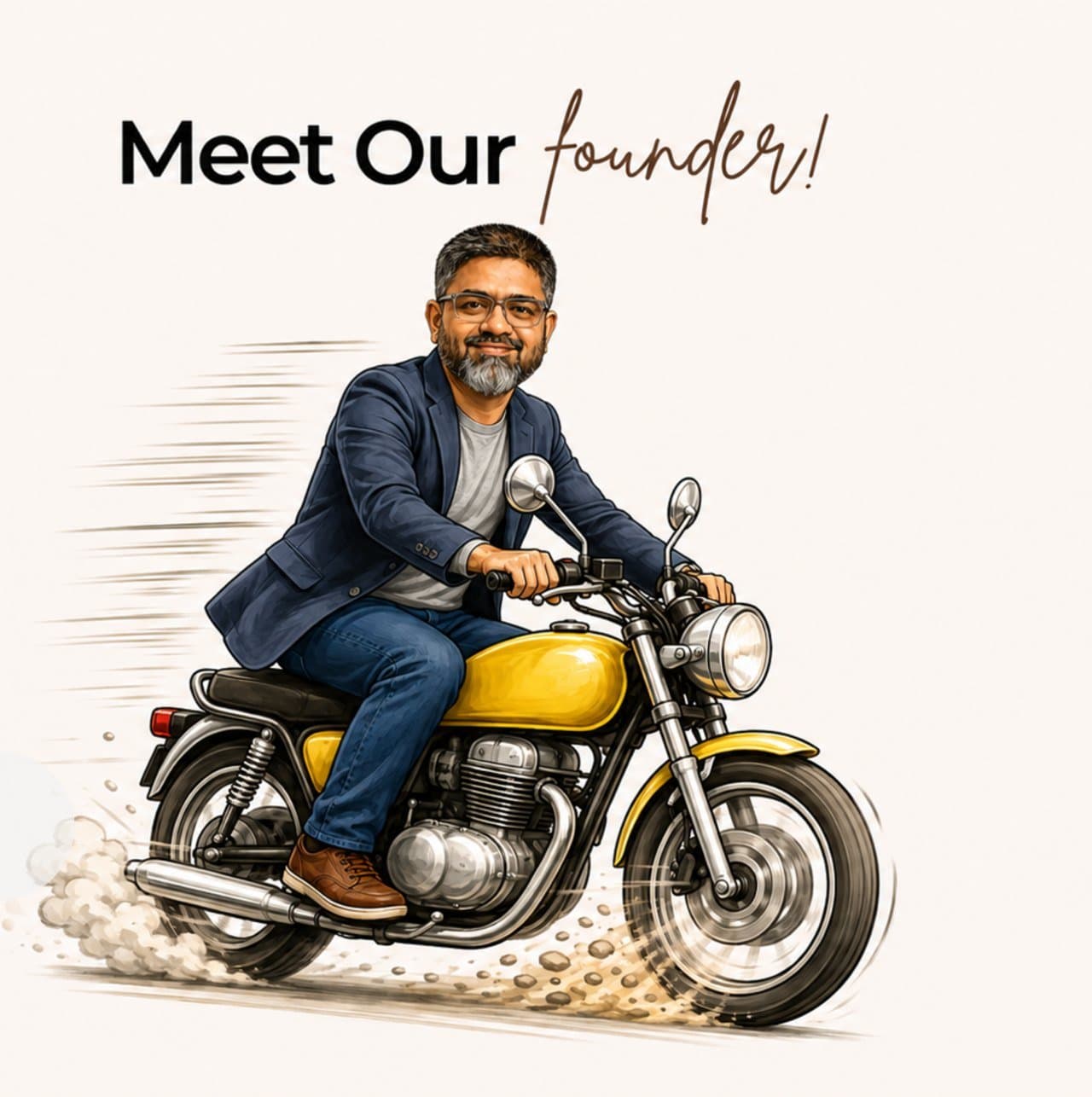 Meet our founder — illustration of Sid riding a motorcycle
